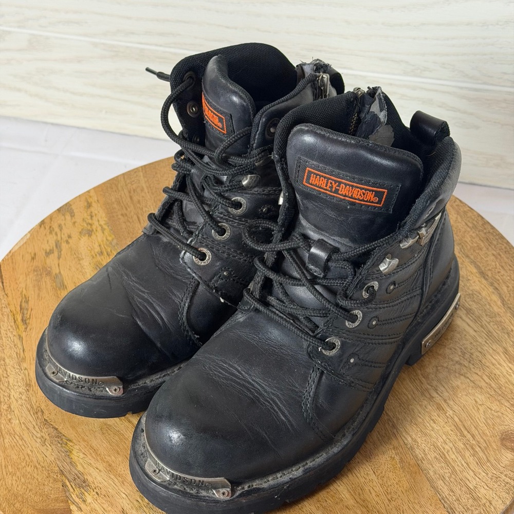Harley-Davidson Mens Black Leather Motorcycle Boots Side Zip Lug Sole 7